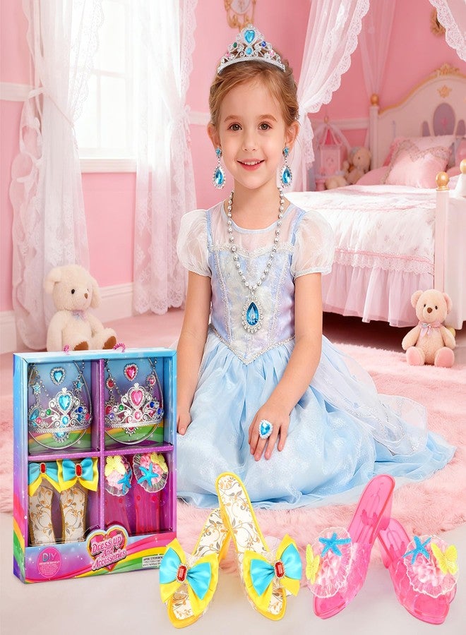 LIMIROLER Princess Dress Up Shoes Set Girls Role Play Shoes Toddler Pretend Jewelry Toys Set Gift Set 2 Pairs of Shoes Kit Collection of Tiara Crown Earrings Necklace Rings for Girls Aged 3-6 Years Old - Image 5